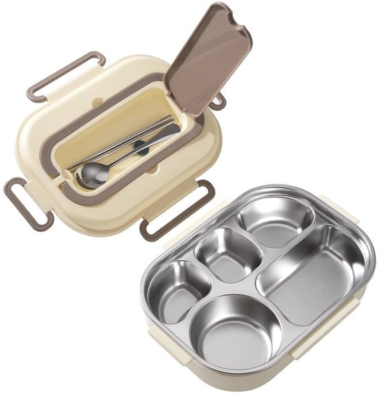 Lunchbox portatile in acciaio inossidabile con compartimenti e chiusura per adulti e bambini, con cucchiaio e stecchi per snack, colore beige