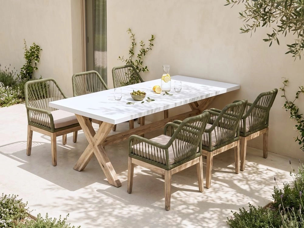 Set da Esterno con Tavolo in Cemento Sintetico verde oliva e 6 Sedie in Vimini