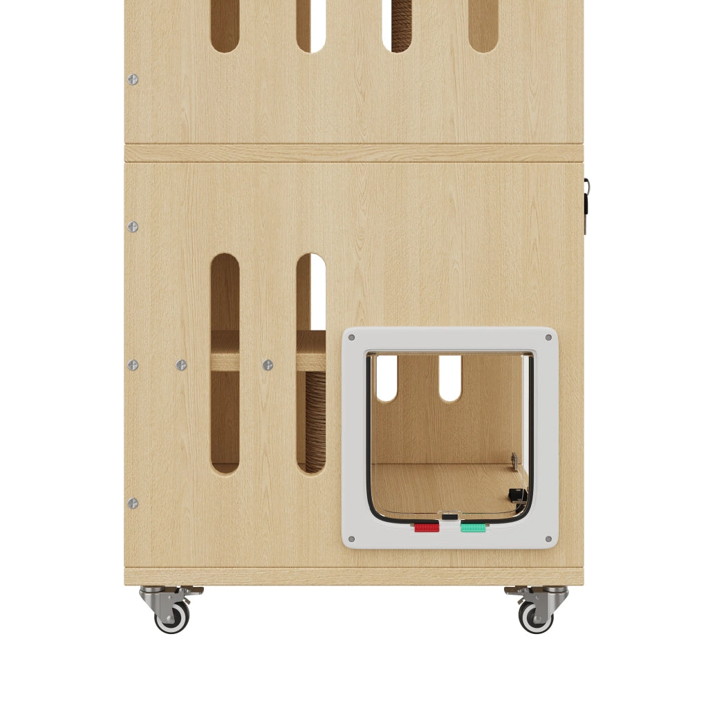 Albero tiragraffi per gatti con ruote e sportello in vetro con serratura per interno in MDF e vetro naturale 60×50×156 cm