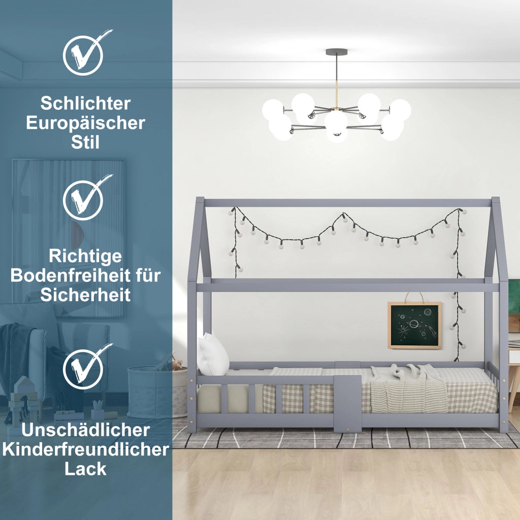 Letto a casetta per bambini 90 x 200 cm, letto in legno per cameretta con lavagna, rete a doghe e sponda di sicurezza, in legno di pino, grigio (senza