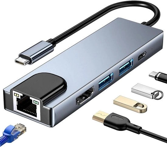 Adattatore USB C multi-port 5-in-1 con HDMI, porta Ethernet, porta USB 3.0/2.0 e funzione di ricarica PD 100W, compatibile con MacBook Pro/Air, Pad Pro, iMac, XPS e molti altri dispositivi.