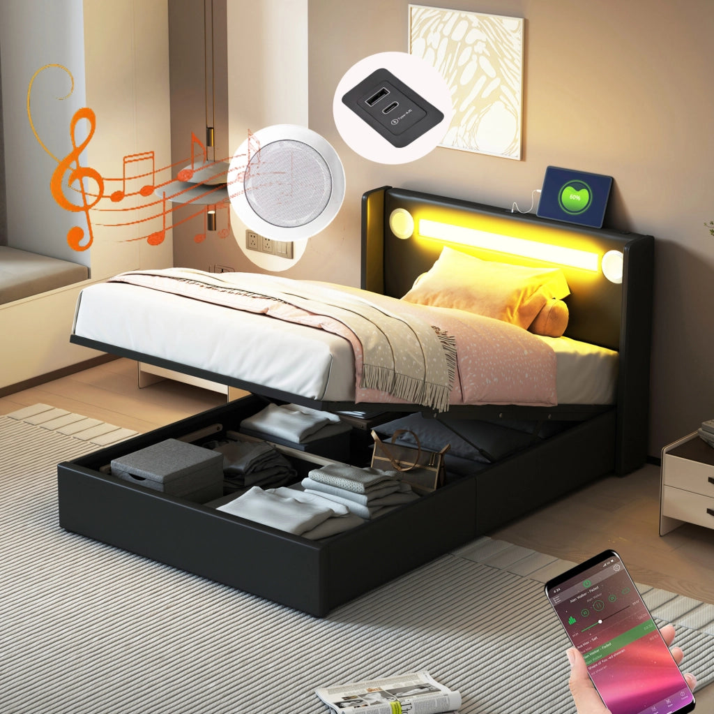 Letto imbottito per bambini 90x200 cm in PU nero con LED; Bluetooth e contenitore