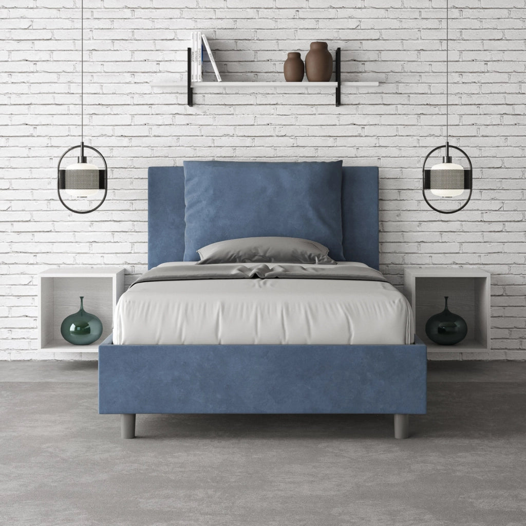 BS COM Letto una piazza e mezza senza rete imbottito 110x200 microfibra blu