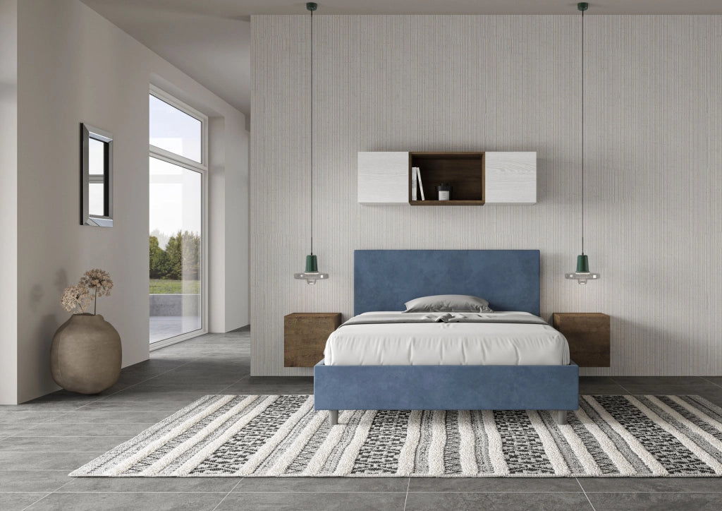 BS COM Letto una piazza e mezza con rete imbottito 130x190 microfibra blu