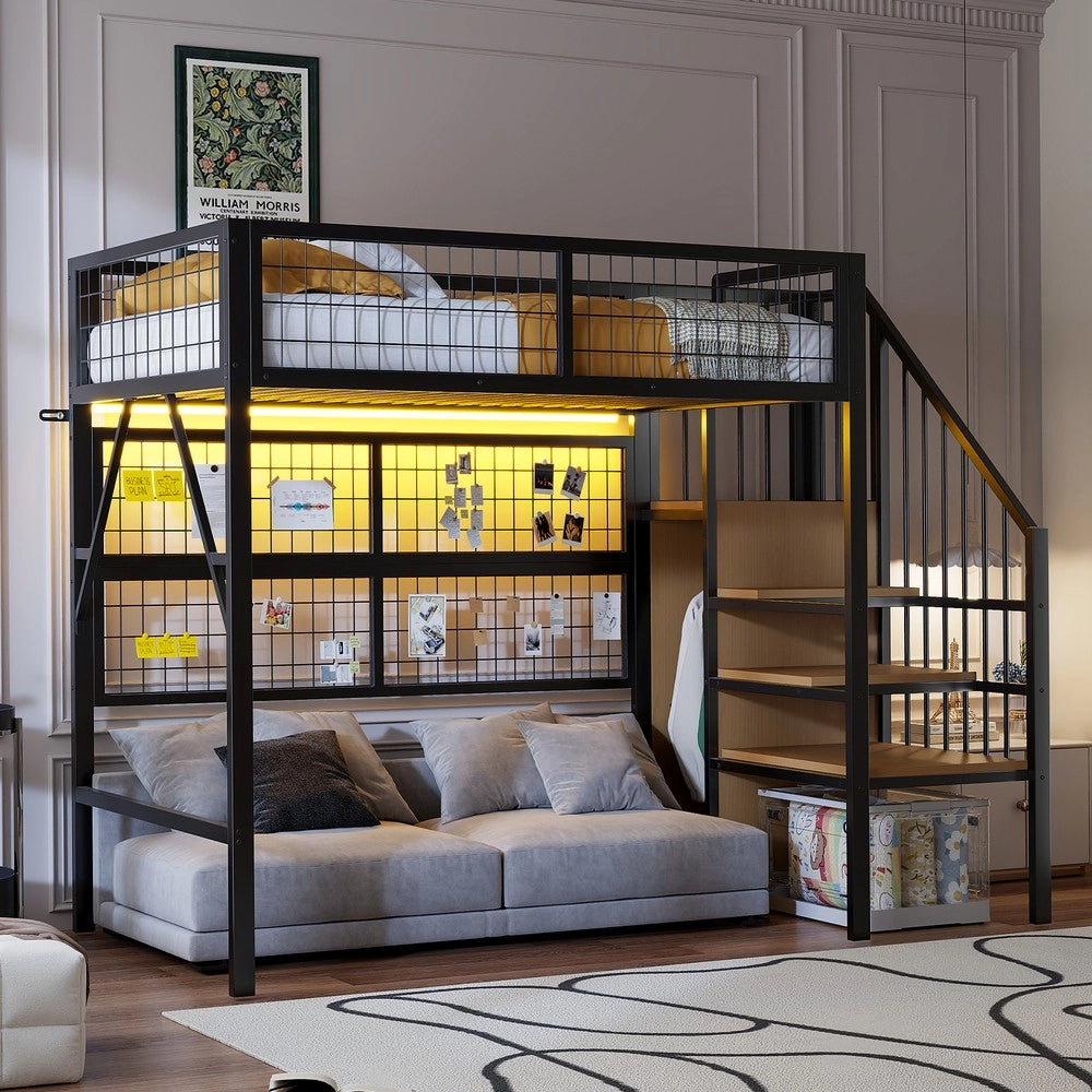 Letto a Soppalco con Scala Contenitore e LED ¨C MINIMAL ¨C Metallo Nero 90x200