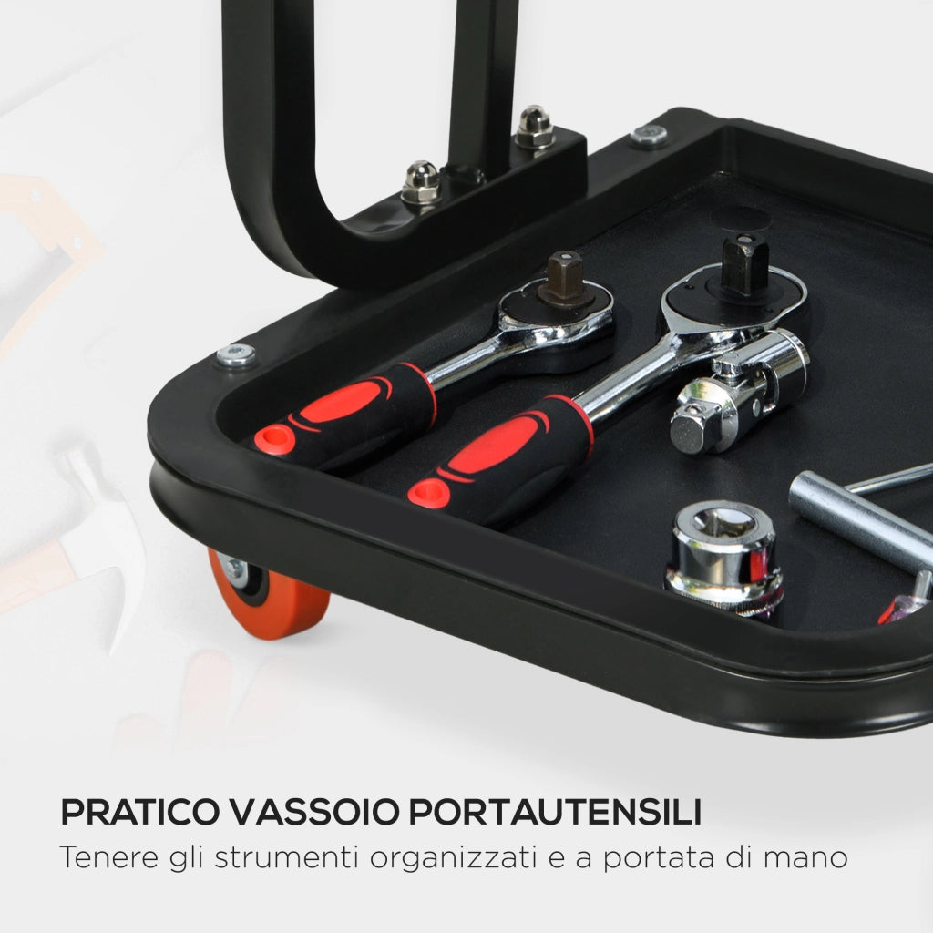 Sgabello da Officina Imbottito con Ruote e Vassoio Porta Attrezzi in Acciaio e PU, 38x35x37cm, Rosso