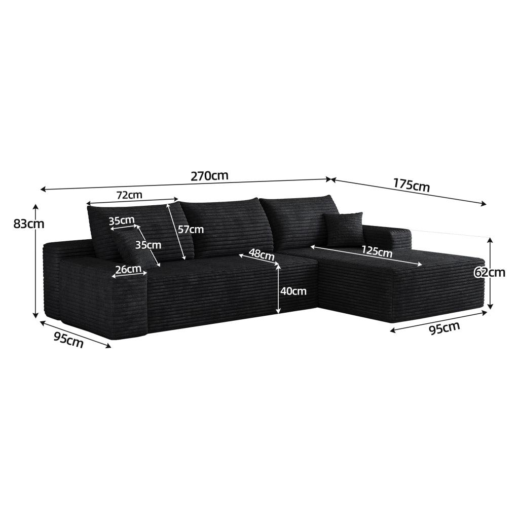 Divano angolare modulare 270 cm - con chaise longue a L - in velluto a coste nero