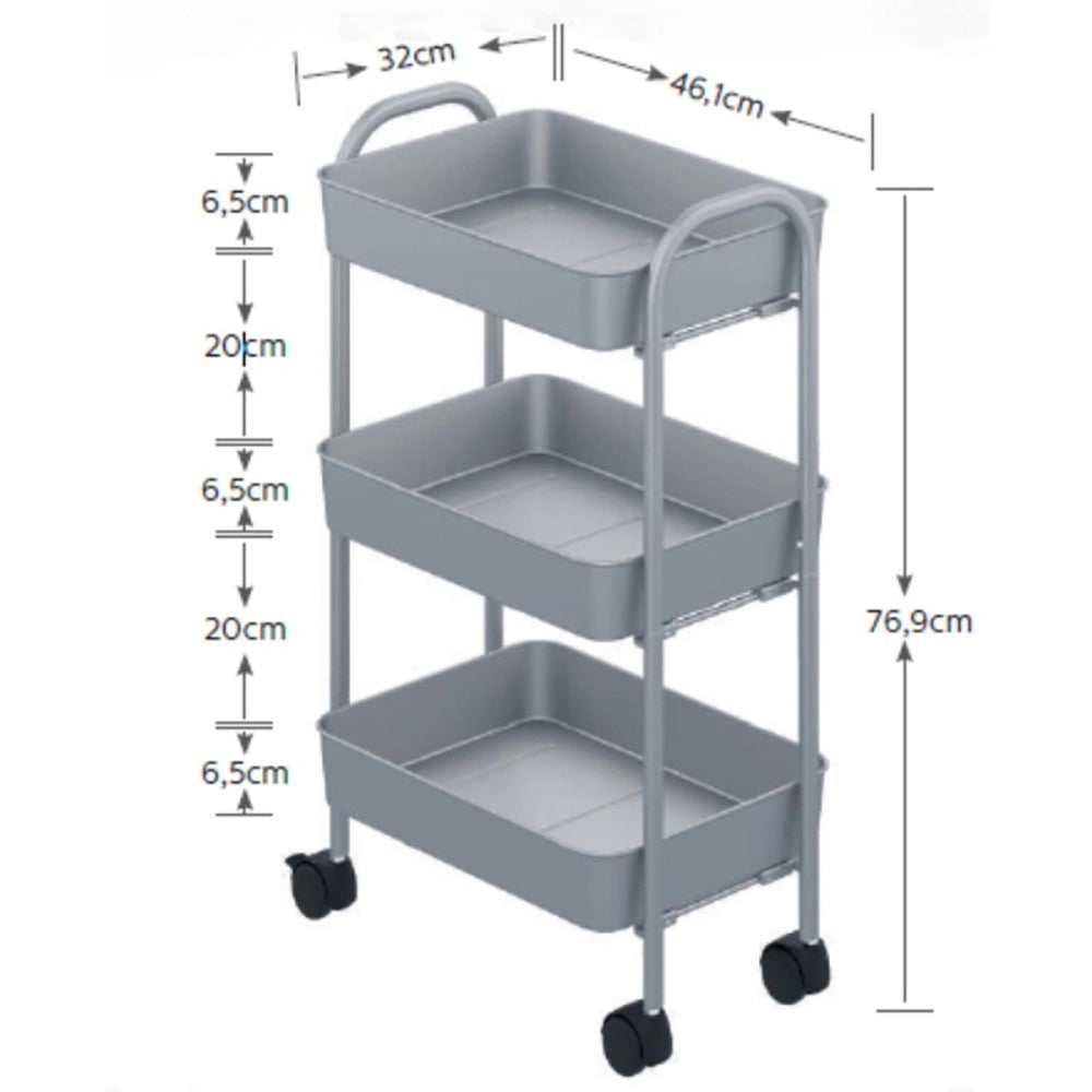 Carrello da cucina 3 ripiani in metallo con ruote Tier 45.5x32x76.4H colore bianco
