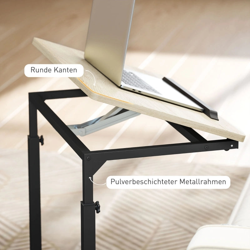 Tavolino da salotto elevabile con ruote e piano inclinabile per soggiorno; 55×36×62.5-82.5 cm; rovere
