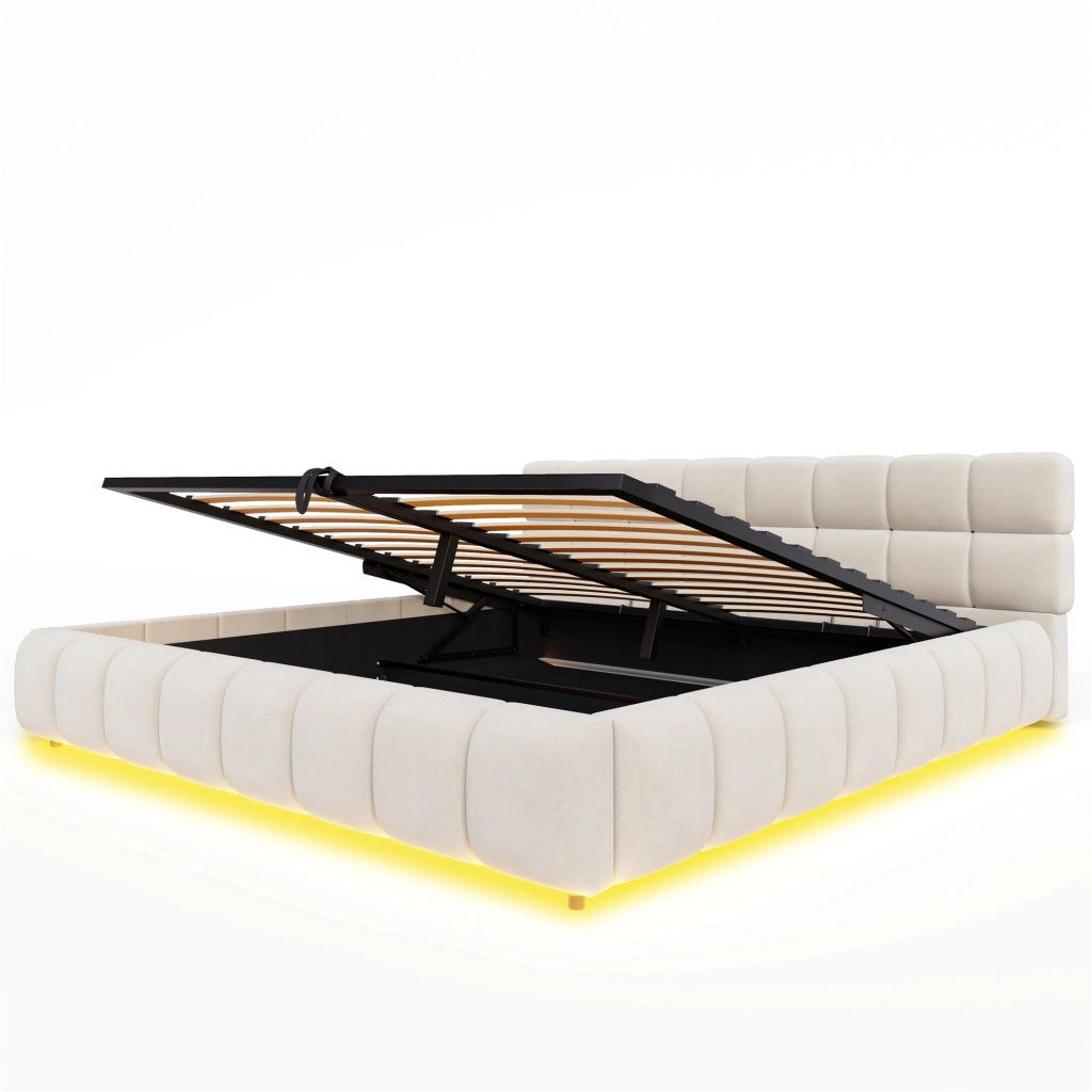 LETTO Contenitore 180x200 cm Velluto Beige con LED