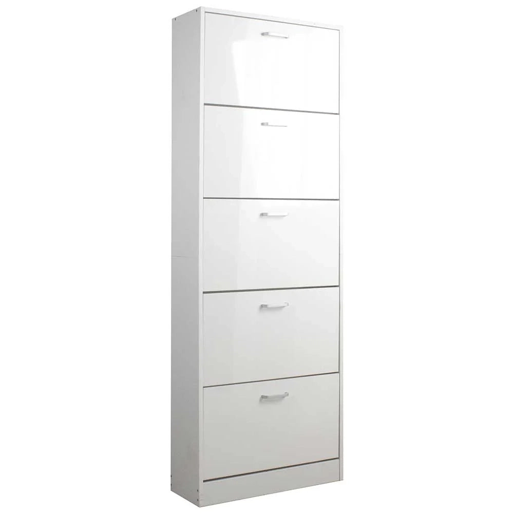 Scarpiera 5 Ante in Legno 59x22x169cm, Ripiani Doppia Profondità, Colore Bianco Lucido
