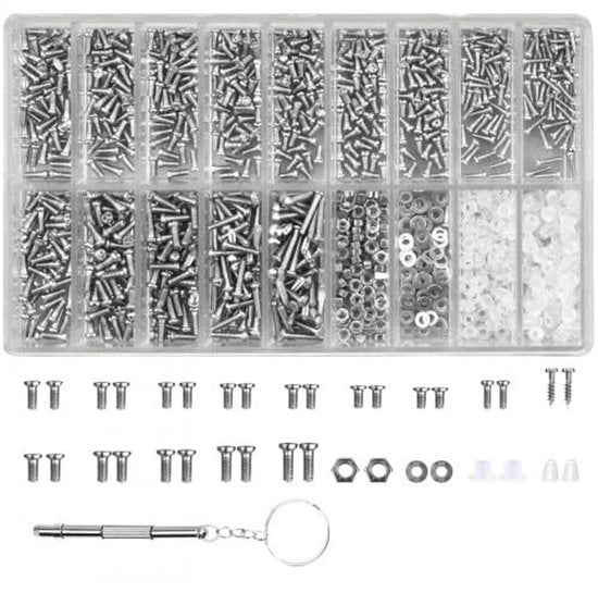 Set di riparazione per occhiali - 1000 viti - Mini viti - Chiave a croce/ pinza - Cassetto di viti professionale - Compatta e portatile