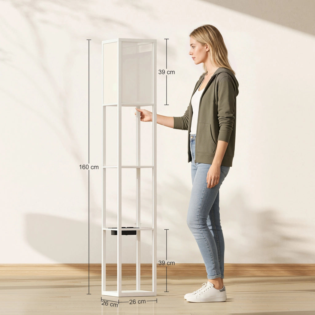 Lampada da Terra 26x26x160 cm Struttura con Ripiani Luce Regolabile Interruttore a Pedale e Porte USB in MDF Bianco