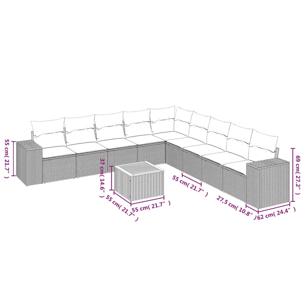 Set Divani da Giardino 10pz con Cuscini in Polyrattan Nero