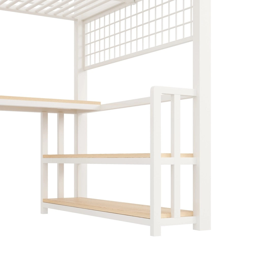 Letto a Soppalco con Scrivania e LED ¨C Xylo ¨C Bianco, 140x200, Metallo, Scaffale, Cassetti