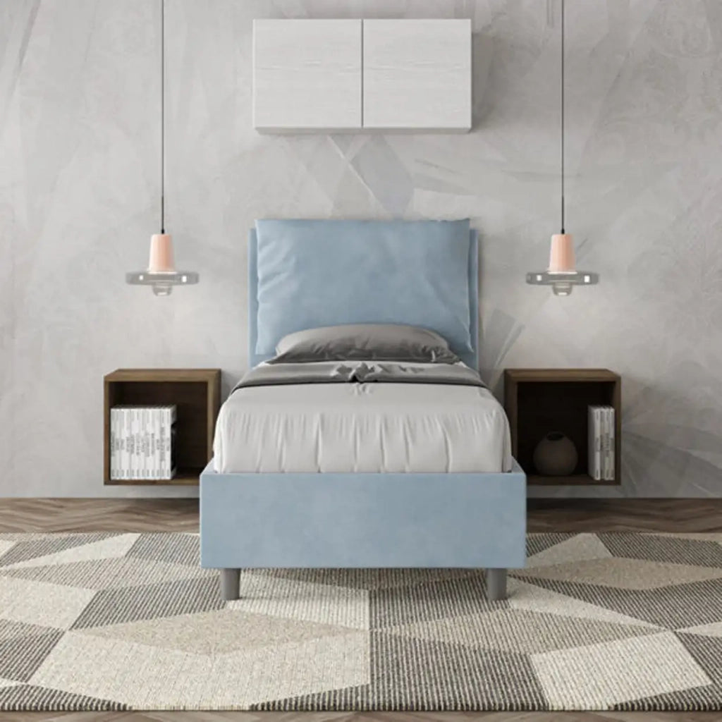 Letto singolo con rete imbottito 80x190 microfibra azzurro Antea