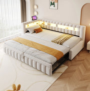 Divano letto estraibile 90x200 cm con LED, USB e vani integrati beige