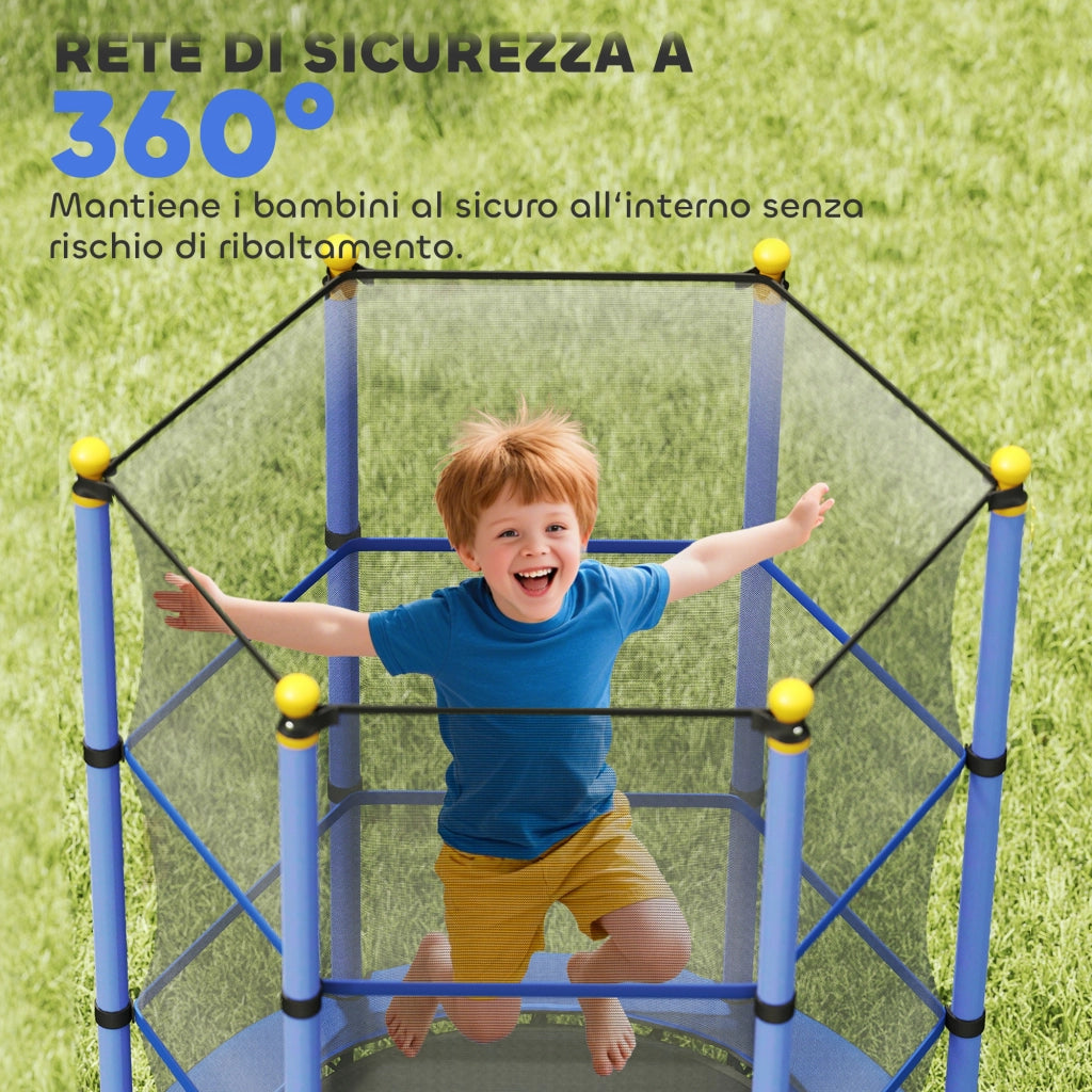 Tappeto Elastico per Bambini con Rete di Sicurezza e Pali Imbottiti Et¨¤ 3-10 Anni, ?140 x 190 cm, Blu