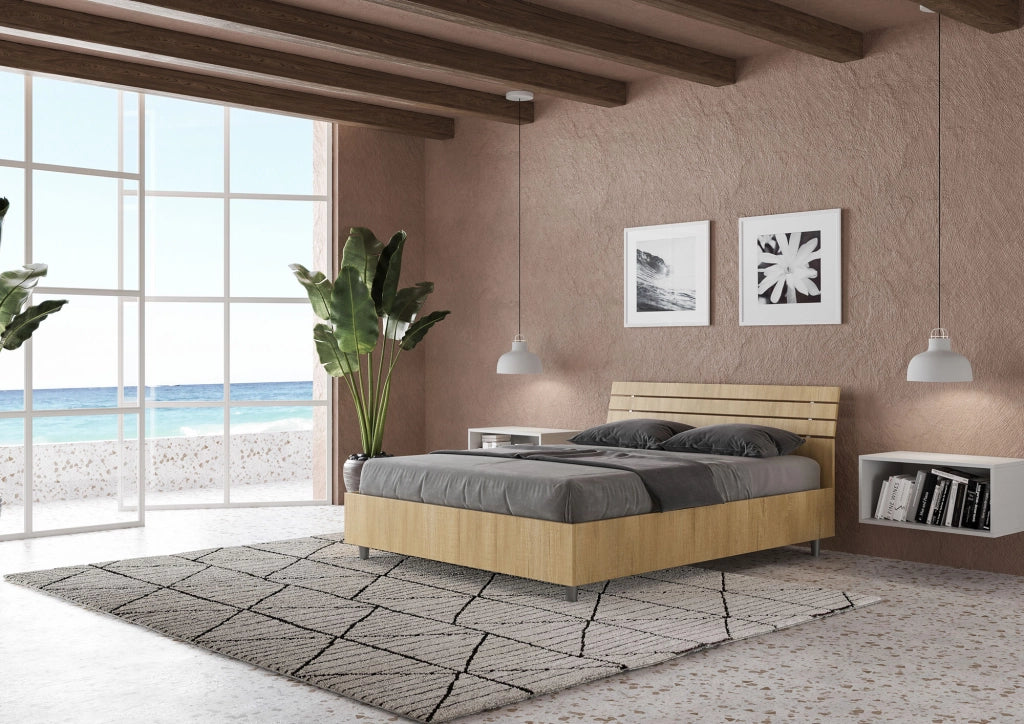 BS COM Letto matrimoniale francese contenitore 140x200 testata inclinata con doghe quercia