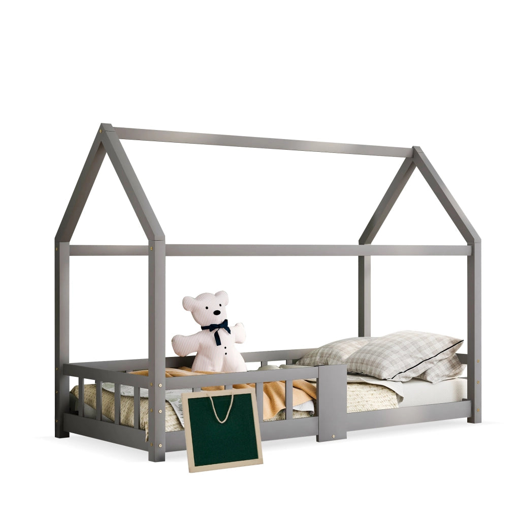 Letto a casetta per bambini 90 x 200 cm, letto in legno per cameretta con lavagna, rete a doghe e sponda di sicurezza, in legno di pino, grigio (senza