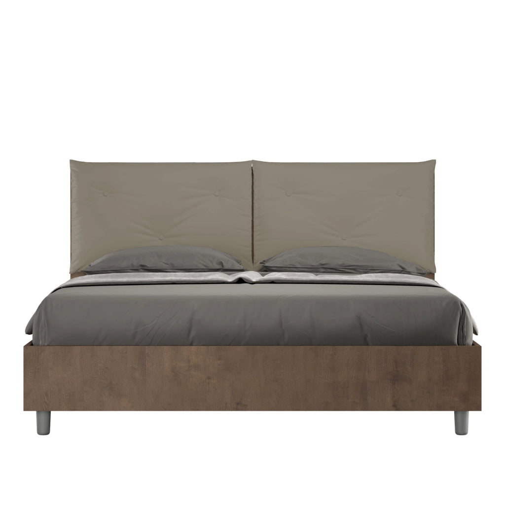 BS COM Letto matrimoniale contenitore doppia alzata 160x190 Noce cuscini similpelle cappuccino