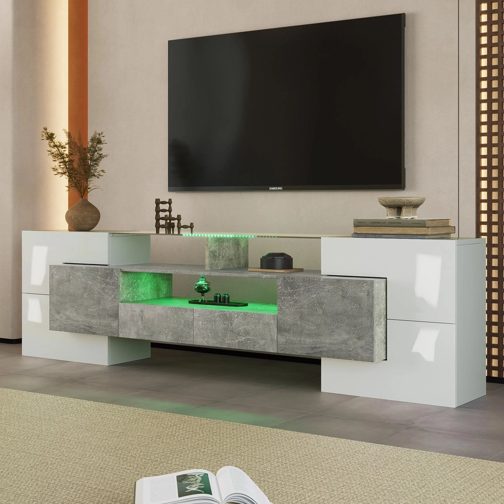 Mobile TV Lowboard Bianco Lucido con LED ¨C Xylo ¨C 200 cm, Vetro, Soggiorno
