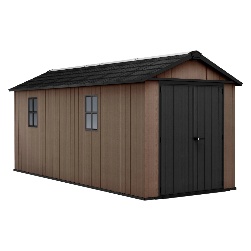 Newton + 7517/1775- Casetta da Giardino 539x246x230 cm 2 Ante per deposito attrezzi finitura effetto legno Evotech+ in Resina Marrone e Nero