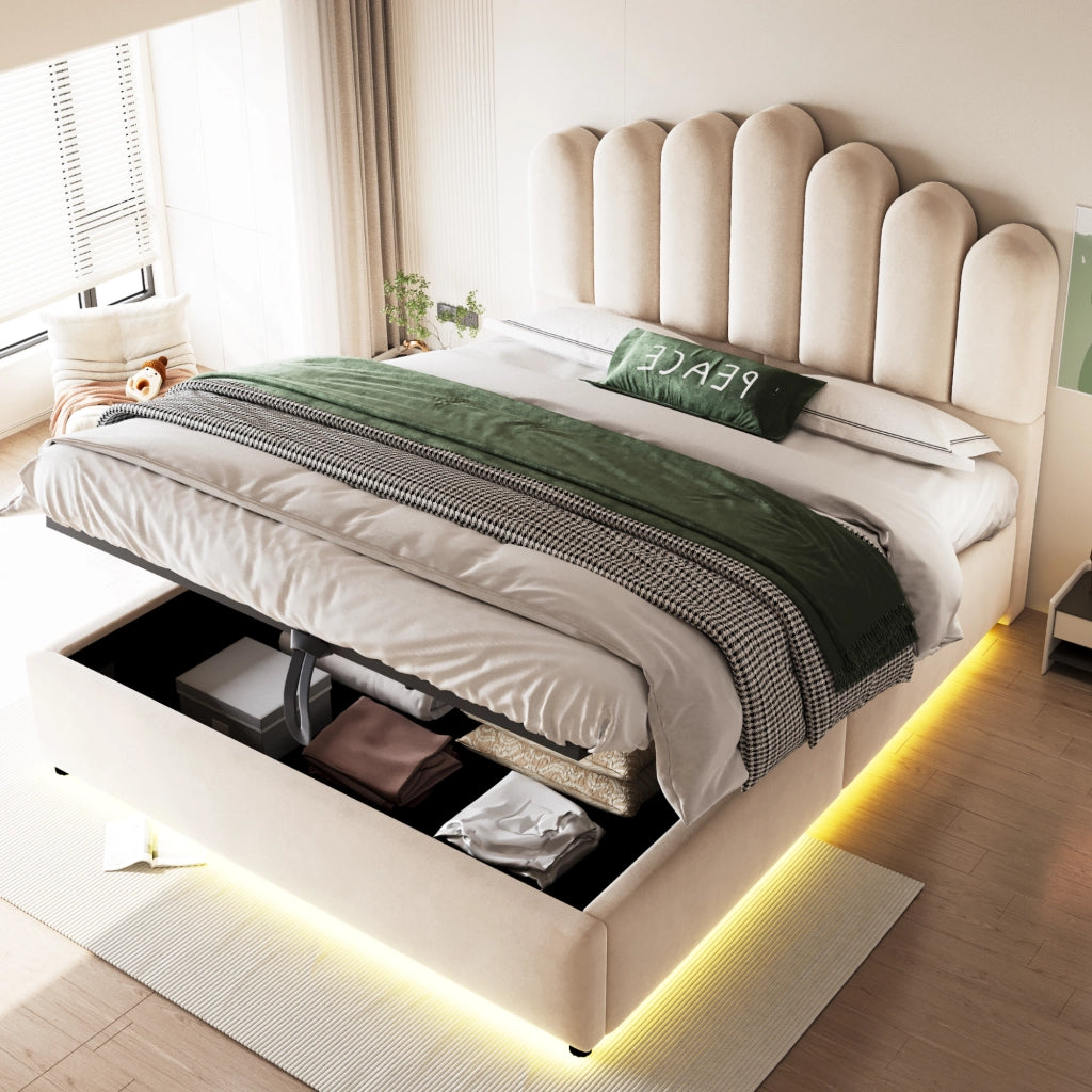 DESMIU Letto contenitore 140 × 200 cm 2 posti con LED e vano idraulico, senza materasso, in velluto, beige