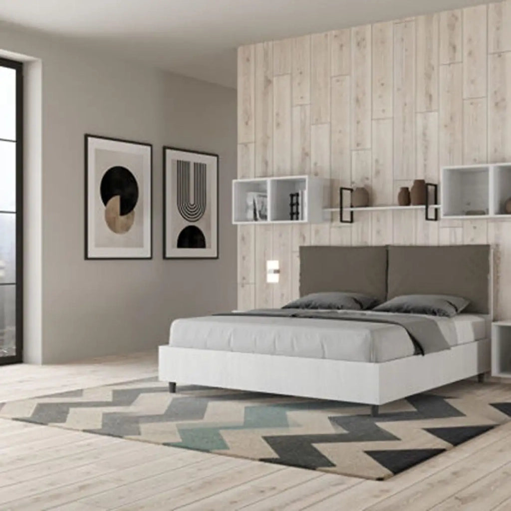 Letto matrimoniale senza rete 160x200 bianco frassino cuscini similpelle cappuccino Egos Antea