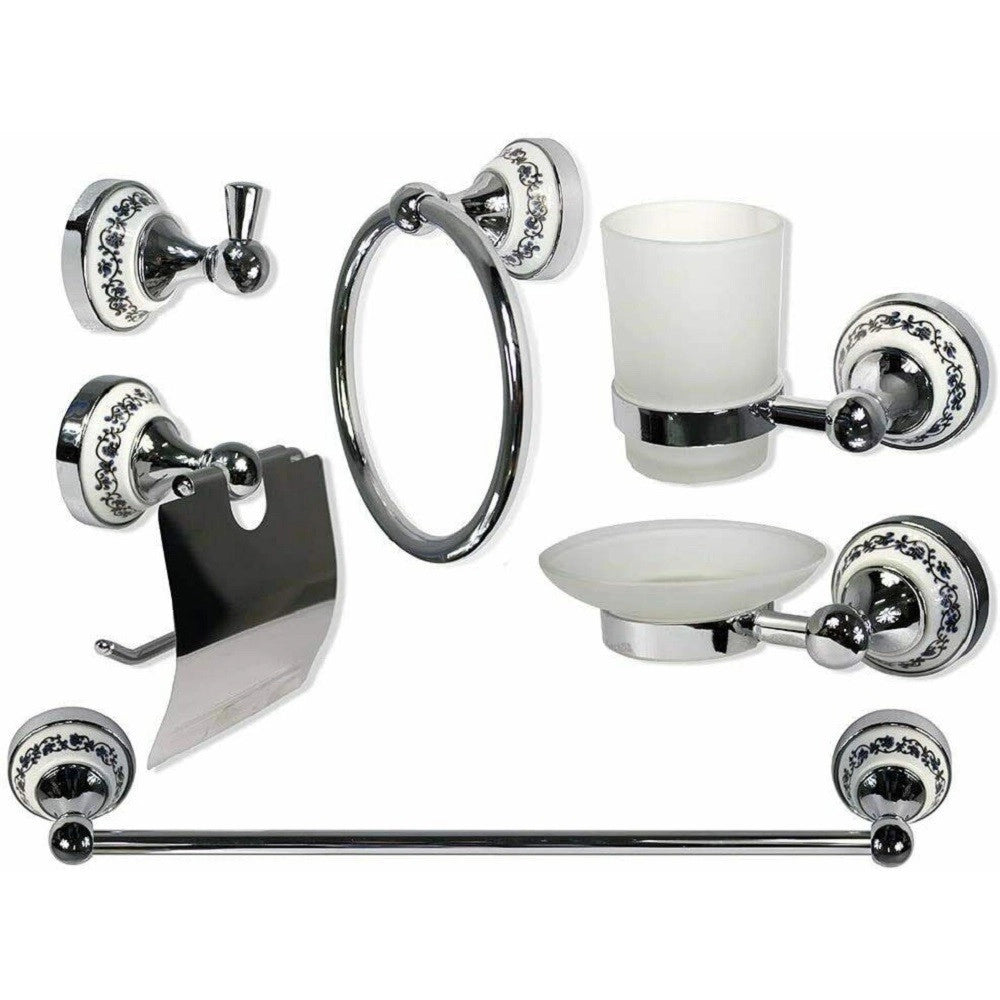 Trade Shop - Set 6pz Bagno Acciaio Vetro Ceramica Blu Nere 52438 Porta Rotolo Sapone Asciugamano -