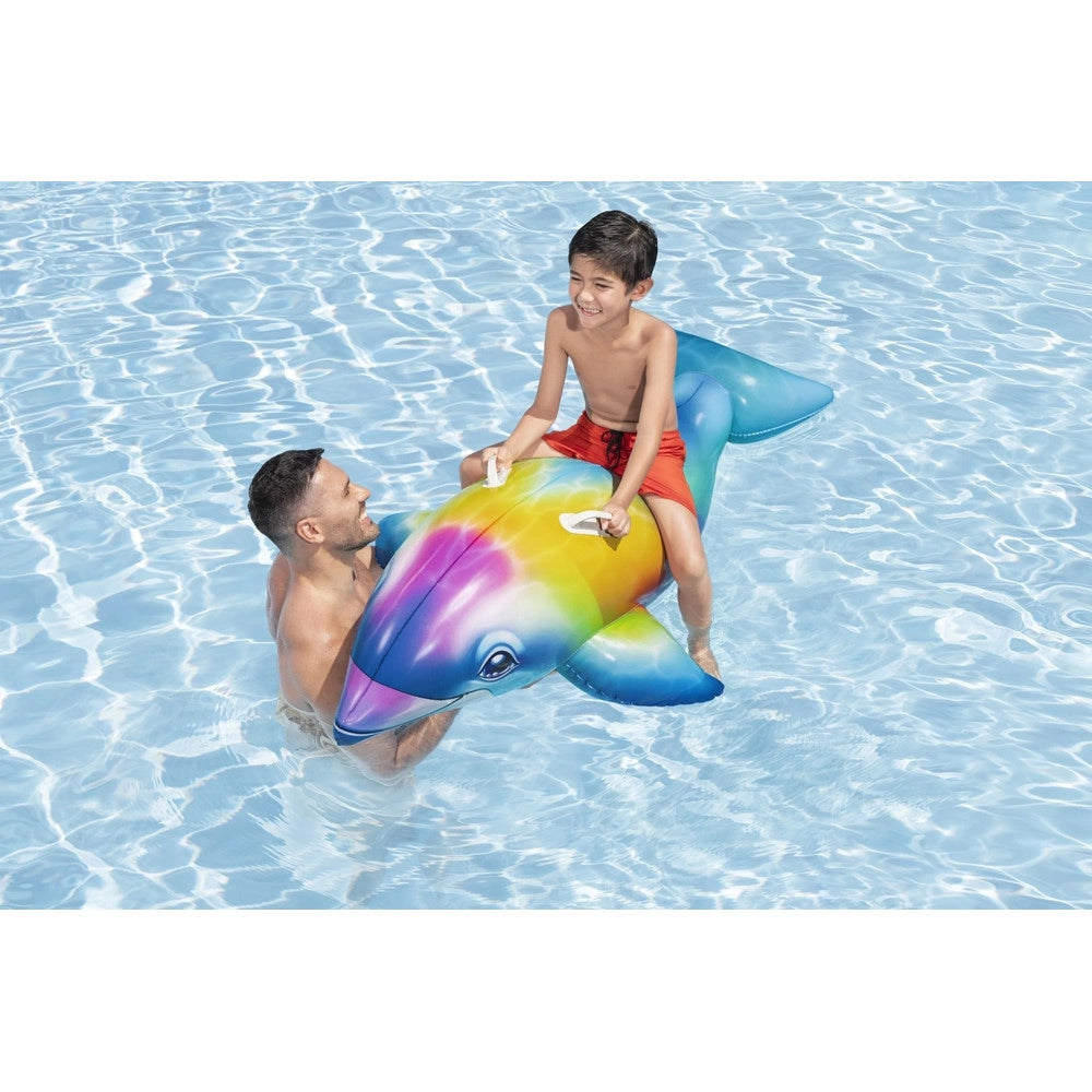 Trade Shop - Cavalcabile Gonfiabile Galleggiante A Forma Di Delfino Arcobaleno Maniglie 168x66cm 41541 -
