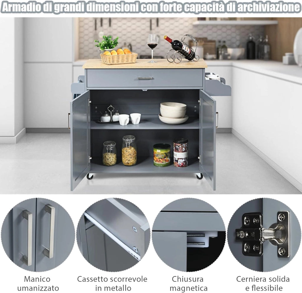 Carrello da Cucina con Ruote di Gomma, Scaffale per Microonde Carrello Servizio, Mobile Cucina con Ripiani e Ante, Credenza Cucina Legno Moderno Elegante, 116 x 37 x 85 cm (Grigio)