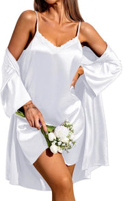Set di notte per donne in due pezzi, pigiami senza maniche e kimono da bagno con maniche a tre quarti, bianco