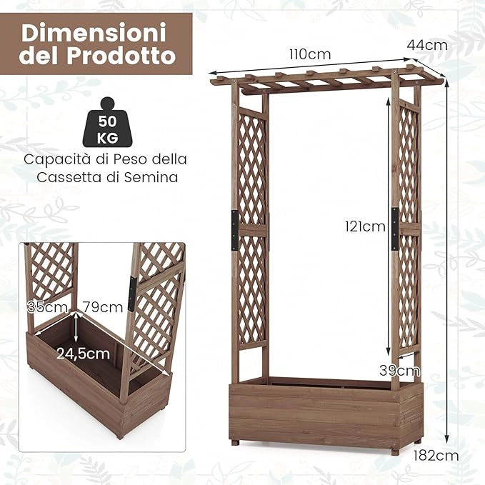 Aiuola Rialzata con Traliccio, Pergolato e Fori di Drenaggio, Fioriera Elevata da Esterno in Legno per Piante Rampicanti, Vite e Fiore,110 x 44 x 182 cm (Marrone)