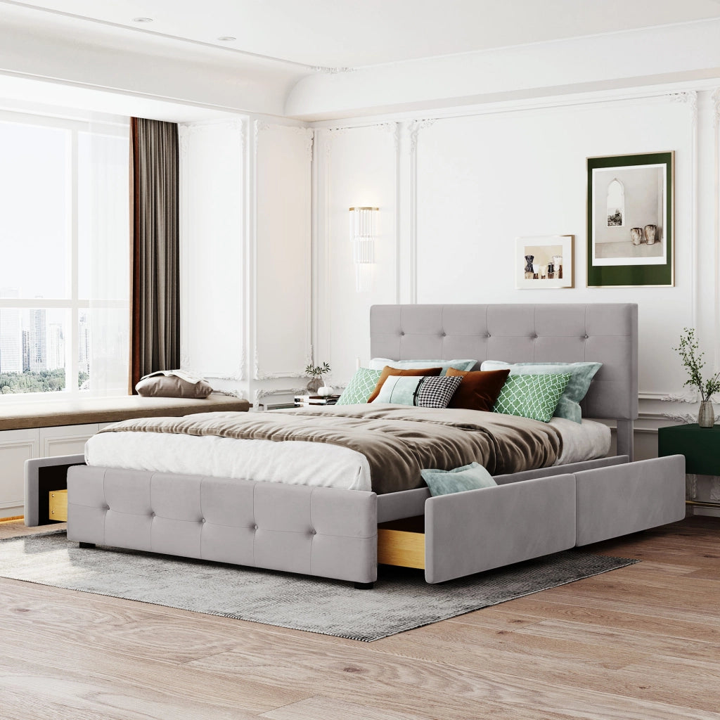 LETTO imbottito 140x200 cm con 4 cassetti, velluto grigio