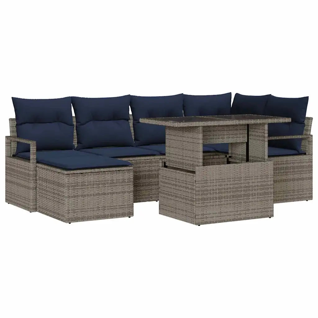 Set Divano da Giardino 7 pcs Grigio e Blu Navy Poly Rattan 3348861
