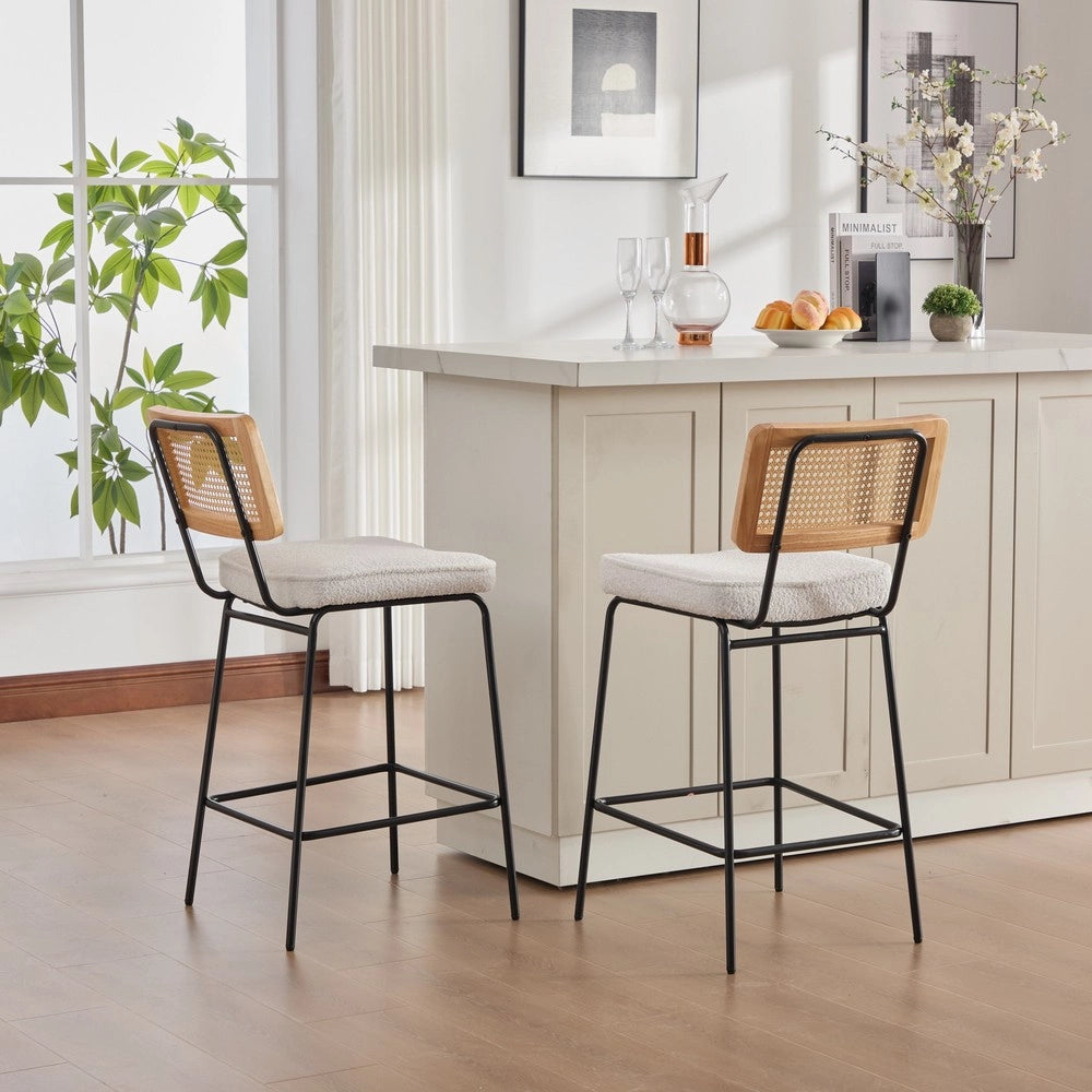 Sgabello da Bar Design ¨C MINIMAL ¨C Velluto Chenille, Schienale Rattan, Gambe Metallo, Avorio