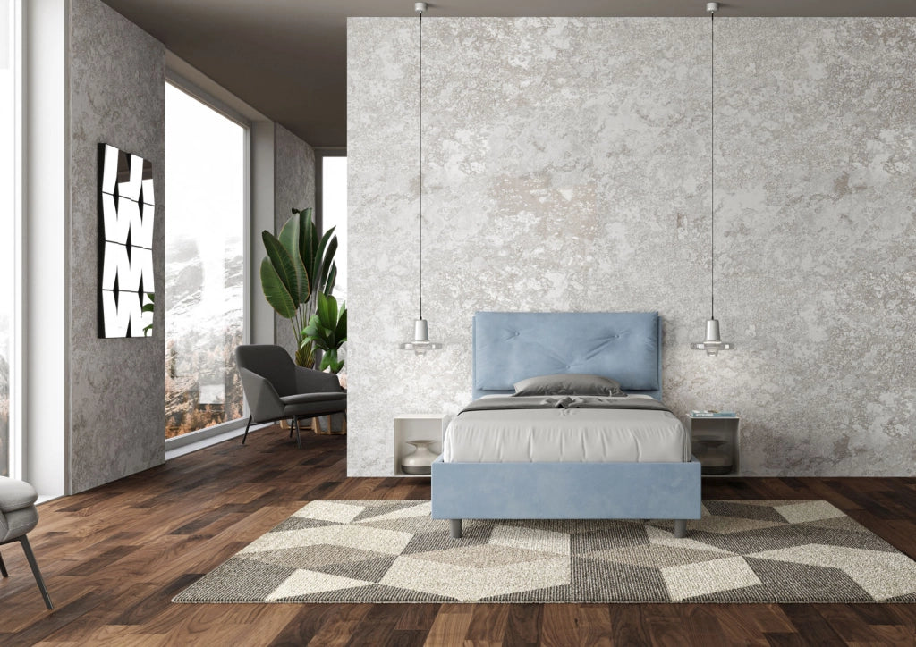 BS COM Letto una piazza e mezza con rete imbottito 110x210 microfibra azzurro
