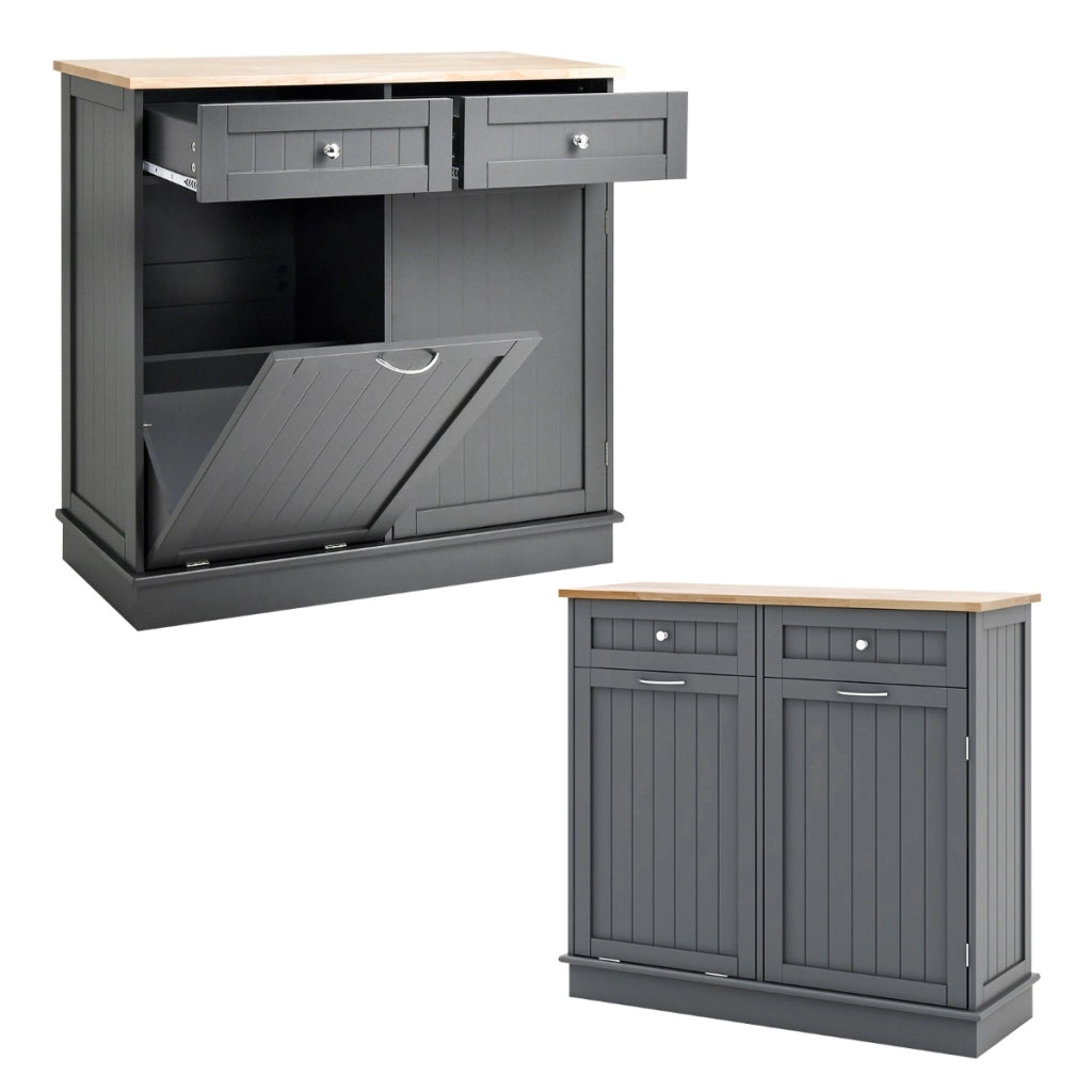 Mobile per pattumiera ribaltabile da cucina, Mobile con vano per pattumiera piano in legno di gomma 2 cassetti Grigio