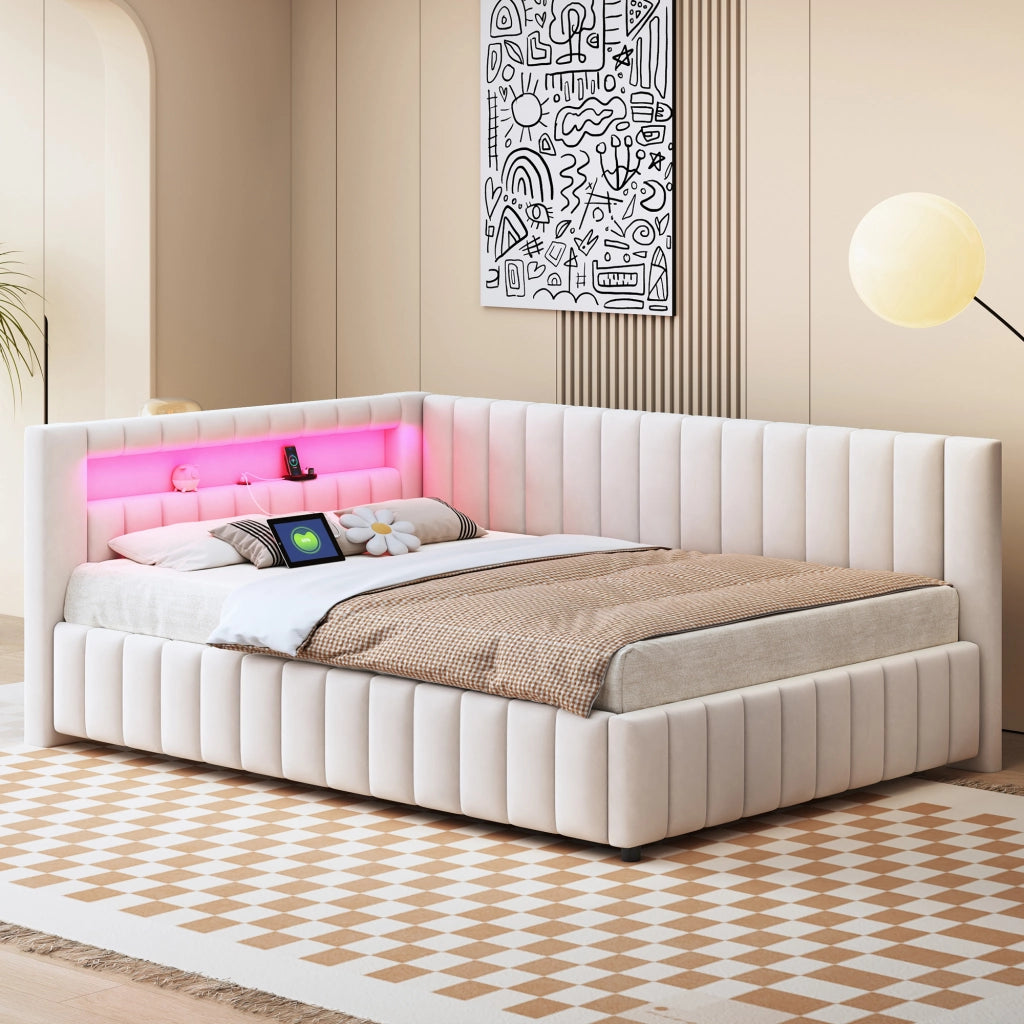 LETTO imbottito L 140x200 cm in velluto beige con LED e USB