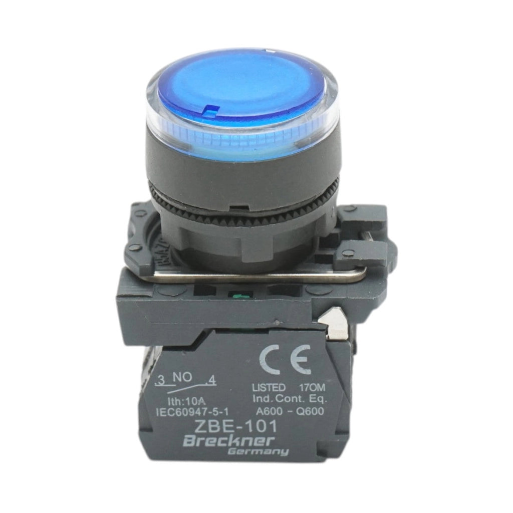 Pulsante con ritorno e segnalazione LED blu 1NO+1NC, 24V/10A TB5 Breckner Germany