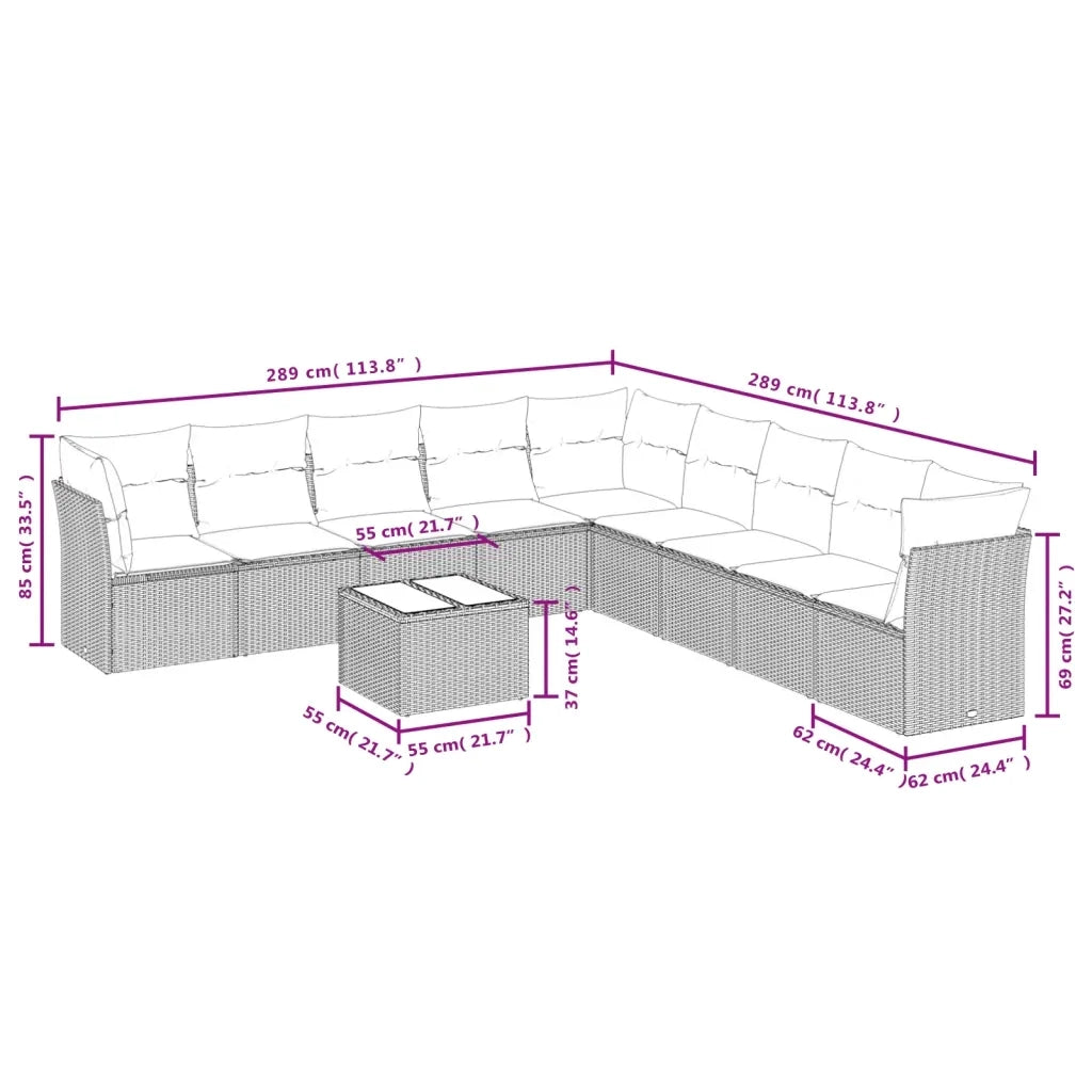 Set Divano Giardino 10 pz con Cuscini Grigio Chiaro Polyrattan 3217792