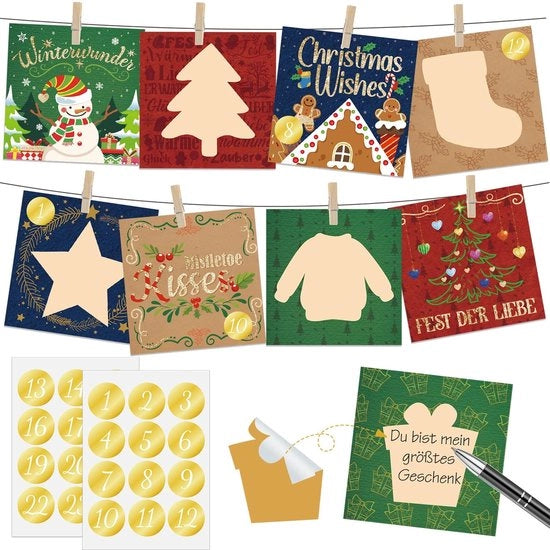 Calendario di Natale DIY - 24 Carte da colorare - Stickers natalizi - Cartine in legno - Tavolo per decorare - Carte eleganti 2024 - Calendario di Natale