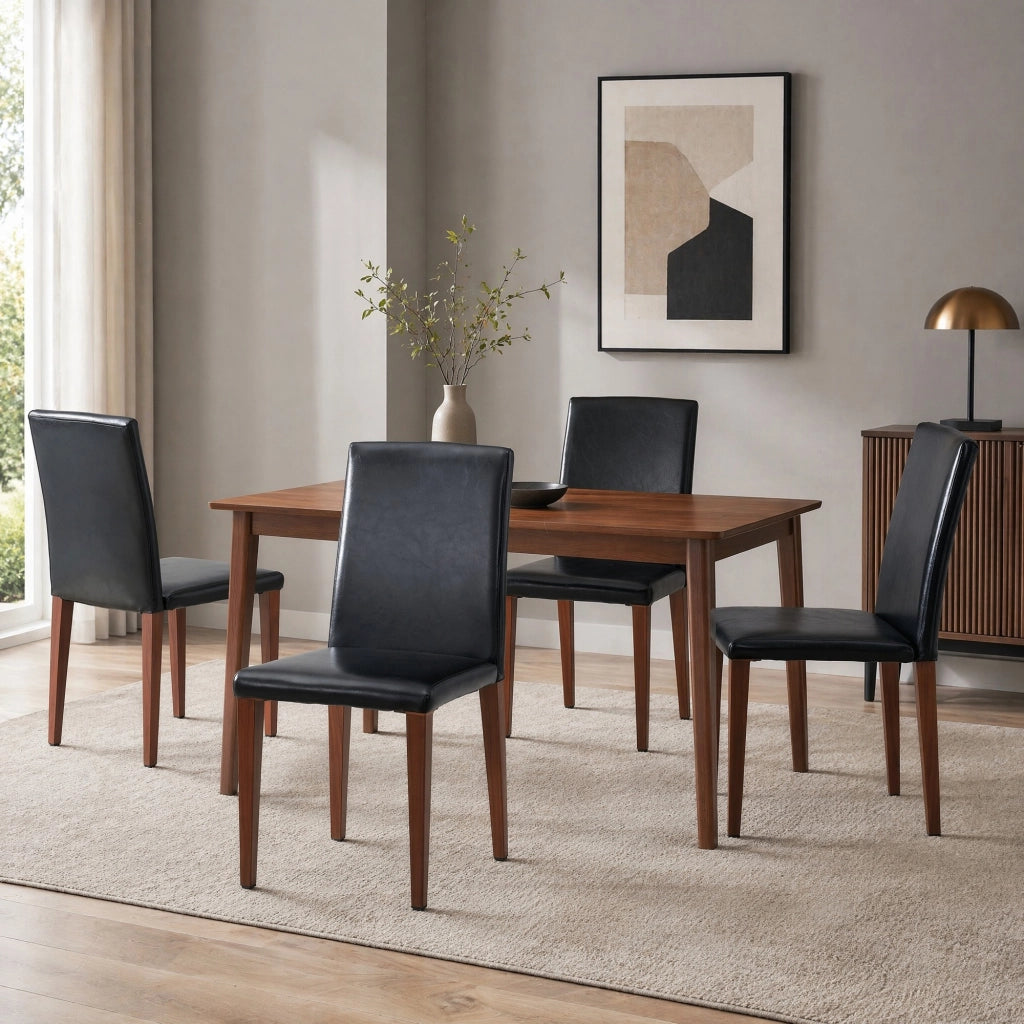 Set 4 sedie da pranzo moderne in PU nero con gambe in metallo effetto noce