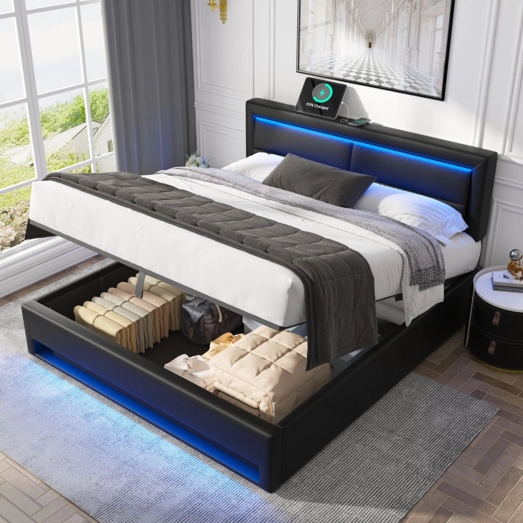 LETTO Imbottito 160x200 cm PU Nero con USB, LED e vano contenitore