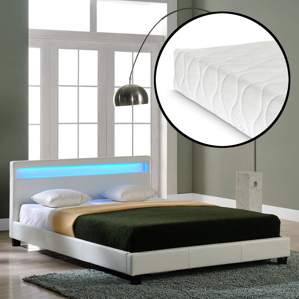 Letto Matrimoniale con Materasso 180x200 cm Testiera Alta con Illuminazione a LED Similpelle - Bianco Corium
