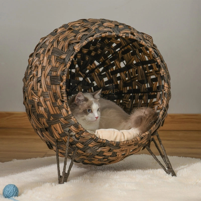 Casetta per gatti in rattan con cuscino, cuccia, grotta per gatti con piedini rialzati, marrone, ?52 x 58 cm