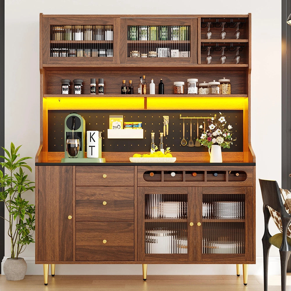 Armadio alto per soggiorno - Xylo - 145¡Á39¡Á171 cm - Noce - Ripiani regolabili, illuminazione LED, cassetto porta bottiglie
