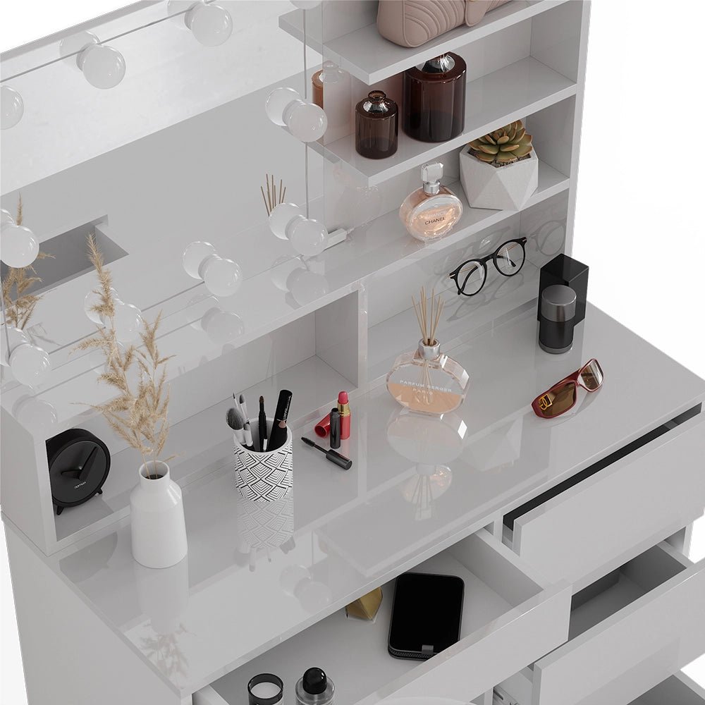 Vicco Tavolo da toeletta Bianco 90 cm con illuminazione a LED e ripiano a specchio