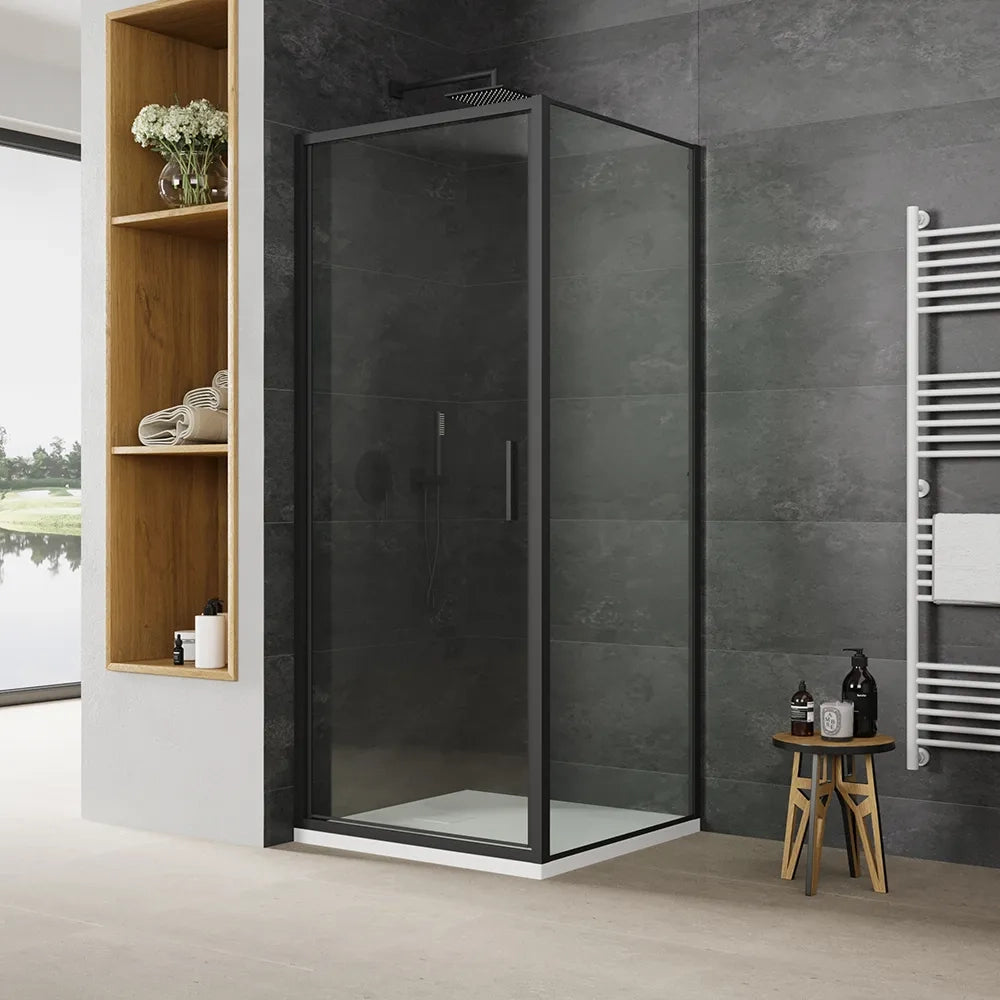 Box doccia slim 80x90cm con porta a battente e parete fissa profili nero opaco e vetro 6mm trasparente h190| Portofino